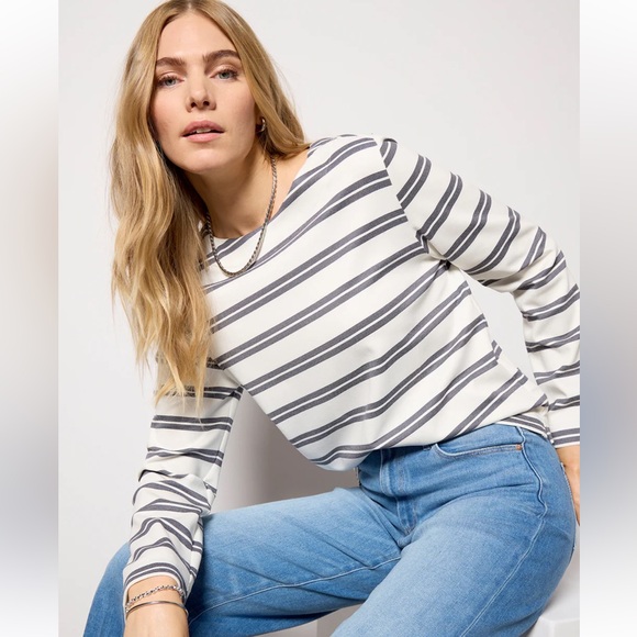 Evereve Ariel Mariner Charcoal and White Striped Long Sleeve Tee NWOT - Picture 2 of 14
